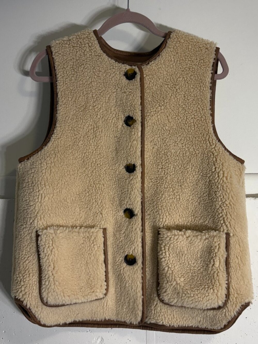 Boden Cream Sherpa Fleece Vest with Brown Trim